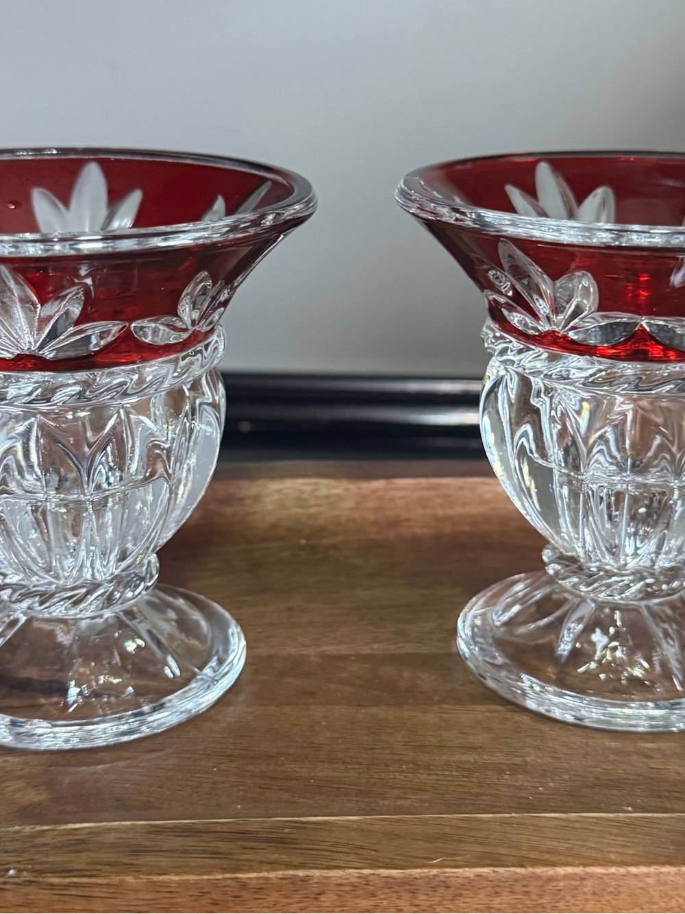 Mikasa Red Cut-Glass Pedestal Votives with Clear Bases